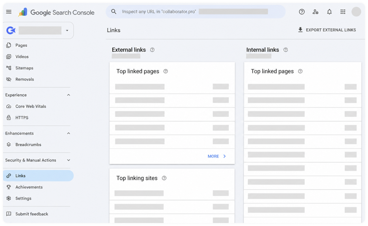 Google Search Console external links report showing top linking sites
