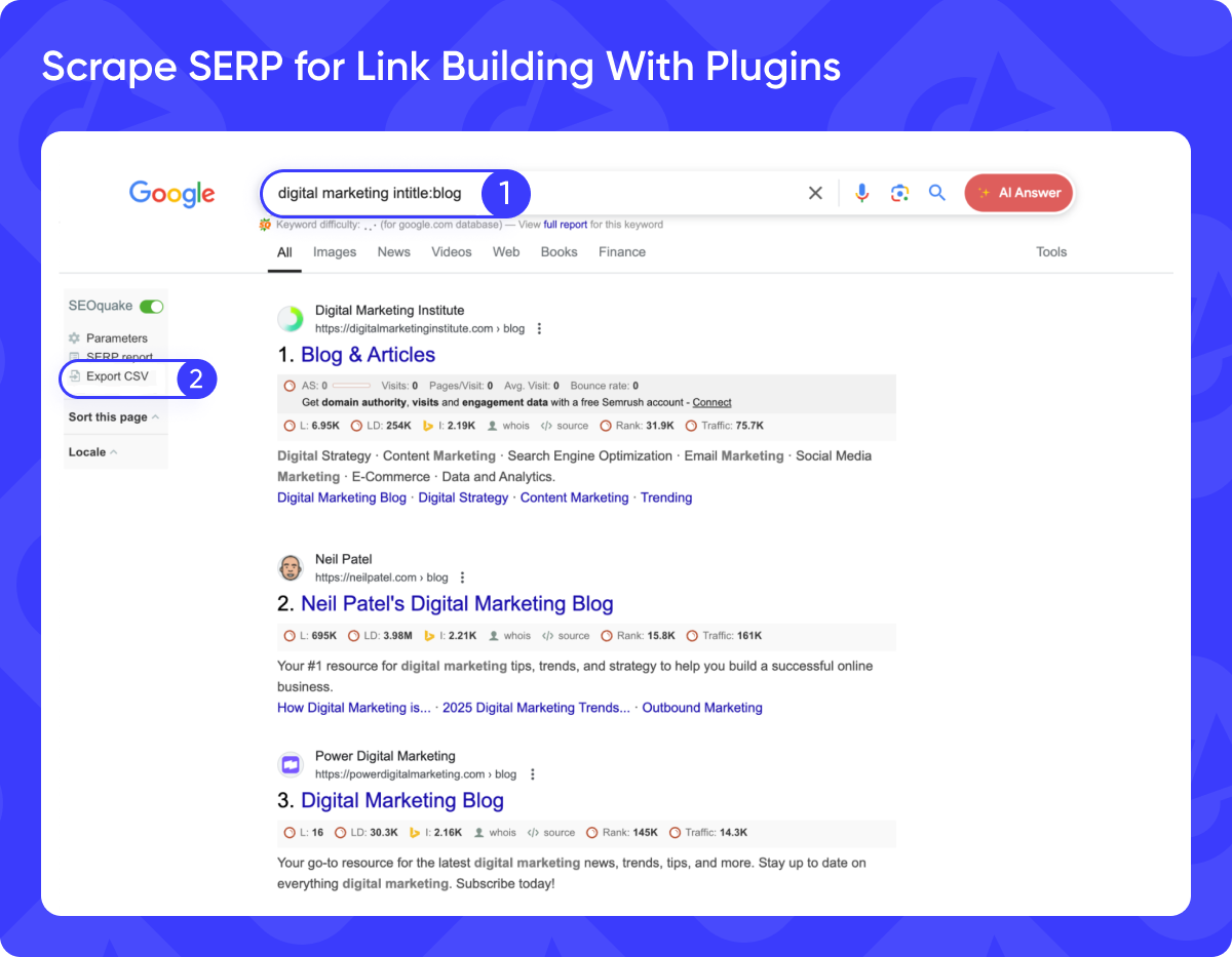 Scraping search results with a plugin to collect link building prospects